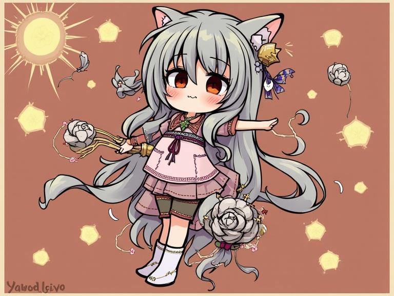 Character with gray hair and cat ears. She wears a cute outfit adorned with flowers. Character is expressive and playful surrounded by whimsical elements.