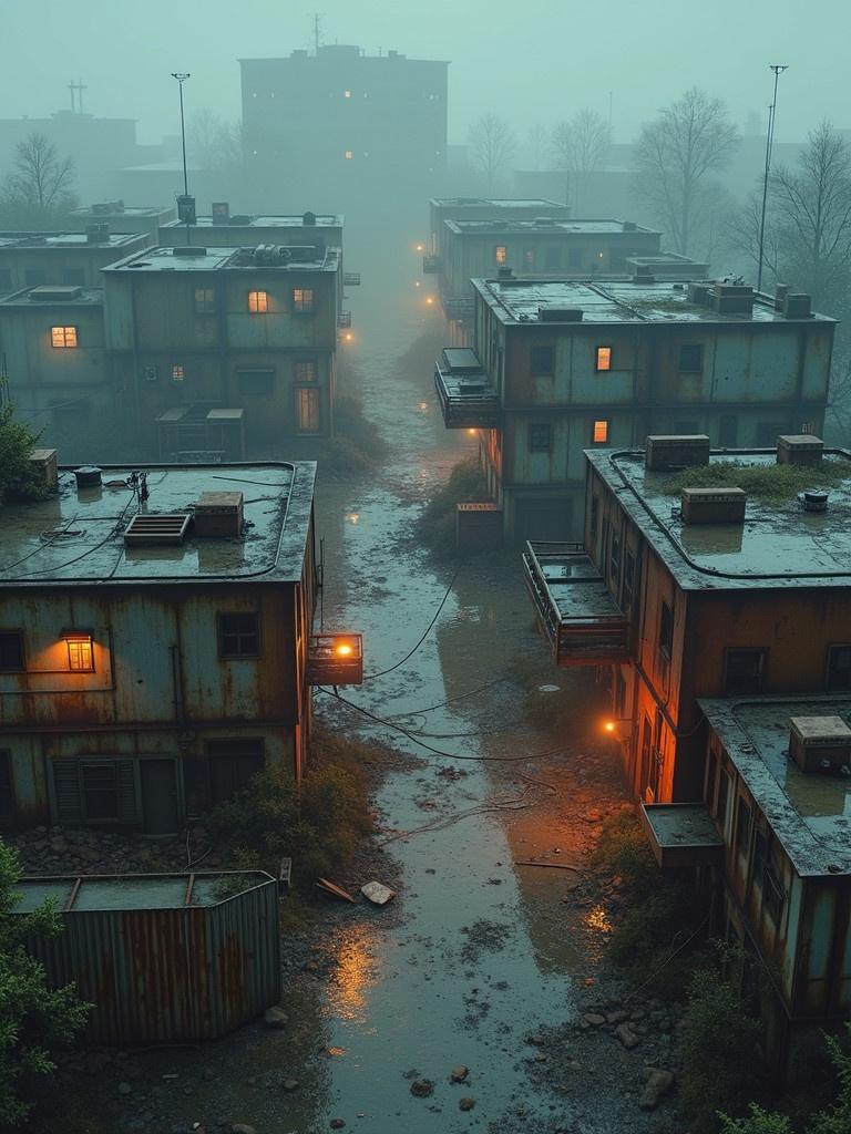 Futuristic neighborhood depicted in a misty environment. Buildings show signs of age with rust and hi-tech elements. Soft neon lights illuminate the scene. The perspective is semi-top down, suitable for a video game.