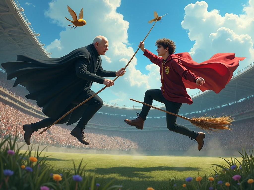 Two individuals are engaged in a dynamic duel, soaring on brooms high above a stadium packed with spectators. One wears a flowing black cape and the other a red cloak, reminiscent of classic fantasy wizard themes. A golden ball with wings darts between them, adding urgency and movement to their aerial contest. The vibrant sky and cheering crowd form a captivating backdrop.