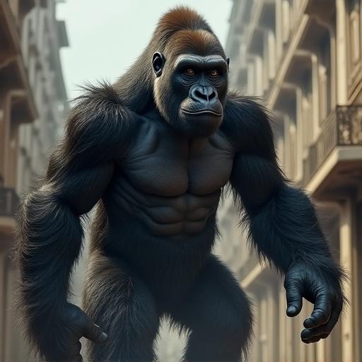 Alpha male gorilla in a strong pose. Urban setting. Emphasis on muscularity and strength. Contrasting presence of another gorilla in the background.