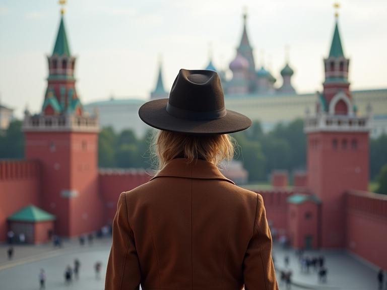 Photorealistic portrait of a woman standing facing the Moscow Kremlin. She wears a stylish hat and coat. The iconic red walls and towers of the Kremlin are in the background. Bright natural lighting highlights textures. Deep focus shows details.