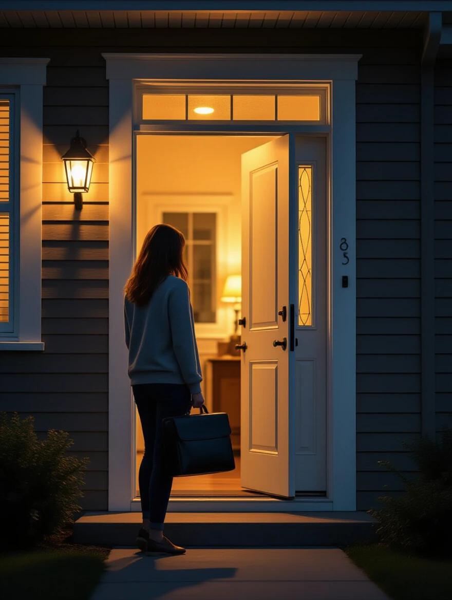 Exhausted person stands at open front door during twilight. Warm house lights glow inside. Person has tired posture and holds briefcase. Residential neighborhood in background. Scene captures golden hour lighting with emotional depth in natural documentary style.
