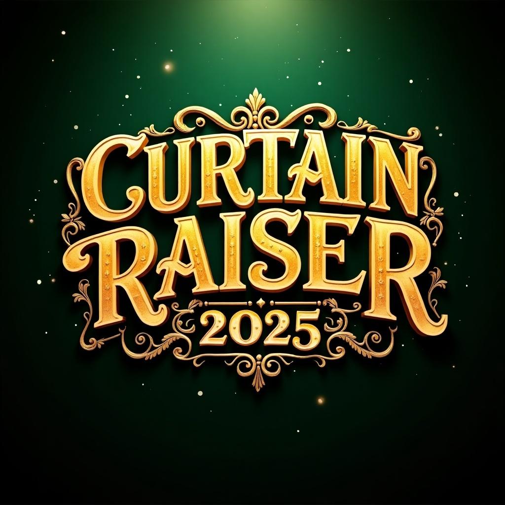 Richly embellished golden text saying CURTAIN RAISER 2025. Dark green background with glowing particle effects. Intricate designs around the text.