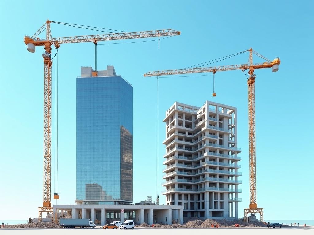 This image illustrates the construction of buildings, showcasing a dynamic construction site. Two towering cranes dominate the skyline, actively involved in lifting materials. The buildings are in various stages of completion, with one being mostly finished and reflective, while the other is still in the skeletal phase with exposed concrete. The blue sky provides a bright backdrop, enhancing the visibility of the construction activity. Workers can be seen on site, contributing to the progress of the buildings.