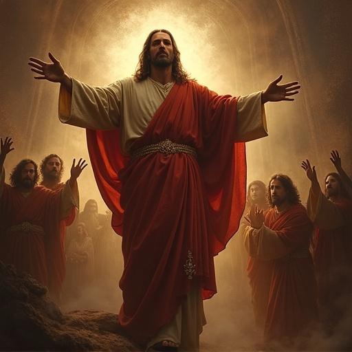 Image of Jesus Christ wearing a red robe surrounded by figures in a divine light. A scene portraying spirituality and reverence.