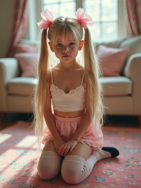 Ten-year-old girl with long blonde hair in twin tails and pink bows. She kneels on a colorful rug in a softly lit living room. Wearing a short crop top, pale pink skirt, thigh-high socks with lace, and simple black shoes. The photo has a pixelated low resolution with bright, unnatural colors. Compressing artifacts and softness add a nostalgic aesthetic.