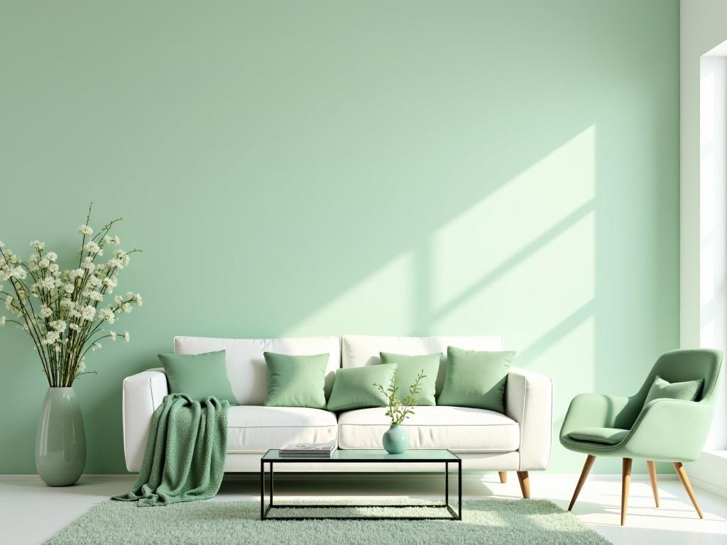 This image showcases a stylish, modern living room with a soothing aesthetic. The walls are painted in a soft mint green, creating a calming backdrop. A plush white couch is adorned with several green cushions and a soft green throw, inviting relaxation. Next to the couch, there's a sleek glass coffee table that adds elegance to the space. A light green chair complements the couch and adds to the overall harmony of colors. On the left, a tall vase filled with white flowers brings a touch of nature indoors, further enhancing the tranquil atmosphere. The room is flooded with natural light, promoting a refreshing ambiance.