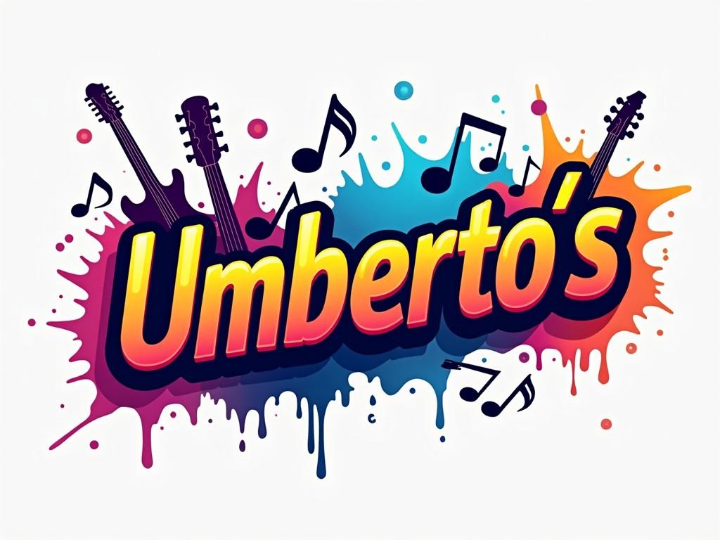 The image showcases a vibrant logo for 'Umberto's', featuring playful colors and musical elements. Three guitars and musical notes are integrated into the design, creating a lively atmosphere. The dominant color palette includes vivid pinks, oranges, and blues, reflecting a fun and energetic vibe. The text is bold and friendly, inviting viewers into a musical experience. This design is perfect for a restaurant or music venue, highlighting the joy of music and dining together.