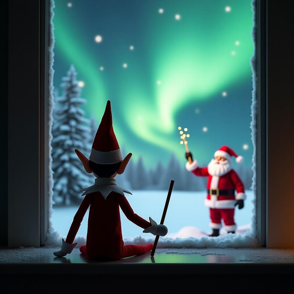 Elf on the shelf with back to viewer faces sky with wand. Magical northern lights in background. Santa Claus outside window in snowy scene.