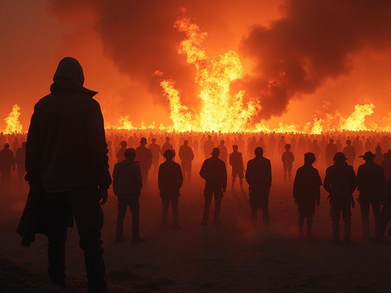A scene depicting a crowd of people in confusion, surrounded by flames evoking a hellish atmosphere.