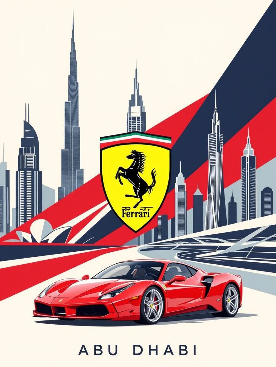 Design blends Ferrari heritage with Abu Dhabi identity. The classic logo combines with modern skyscrapers. Red Ferrari is in the foreground with elegant lines and colors. Skyline features iconic buildings and luxury elements.