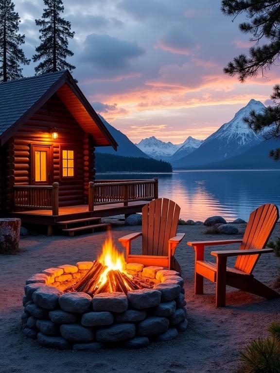 Lakeside scene at sunset with a log cabin and fire pit. Cabin built from dark brown logs with a steep roof. Warm light from windows. Fire pit made of grey stones with bright flames. Two wooden chairs near the fire on sandy ground. Calm lake reflecting sunset sky with blue, orange, and pink hues. Snow-capped mountains in the background. Evergreen trees lining the shore.