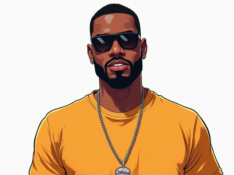 Character illustration of a male rapper with no visible face. Character shines in bright yellow shirt. Full frontal view captures confidence. Digital art presents vivid colors in a flat style.