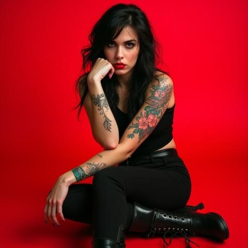 Image of a young woman with dark hair wearing black clothes sitting against a red background. She has colorful floral tattoos on her arms. Expression is pensive. Wearing lace-up boots.