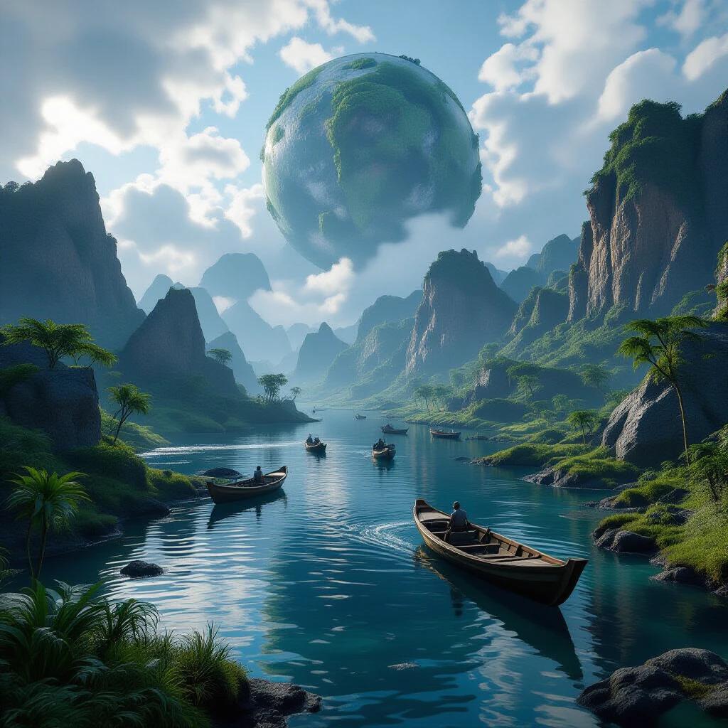 A hyper-realistic cinematic landscape showcasing a river flowing through steep mountains. Boating scene with people in wooden boats. A colossal planet hovers above the mountain peaks surrounded by clouds. Vibrant greenery and a serene atmosphere.