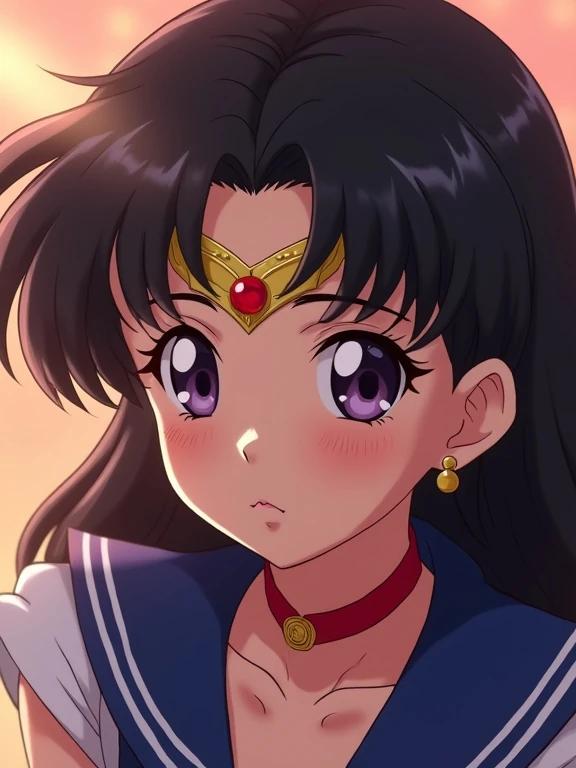Create a hyper-realistic 4K masterpiece of Sailor Mars. She has a gold v-shaped tiara with a small red stone in the center on her forehead. The character is looking slightly to the side. Portray her in a photorealistic 3D anime style with soft, high-quality computer-generated images resembling high-end CGI fantasy art. Design the background to complement her appearance with a beautiful mix of colors and textures that enhance the visual impact. Detail intricate patterns on her clothes and subtle expressions on her face.