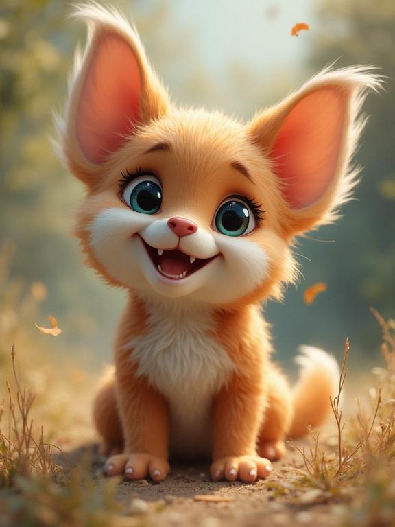 A cartoon animal with large ears and expressive eyes. It is smiling happily while sitting on a path surrounded by grass. The setting has a soft and inviting outdoor atmosphere.