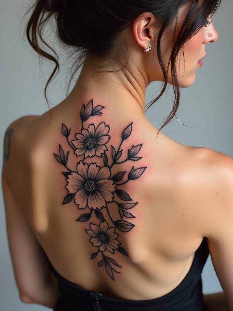 Tattoo of flowers on a woman’s back. Floral design starts from the bottom left to the middle then to the top right of the shoulder.