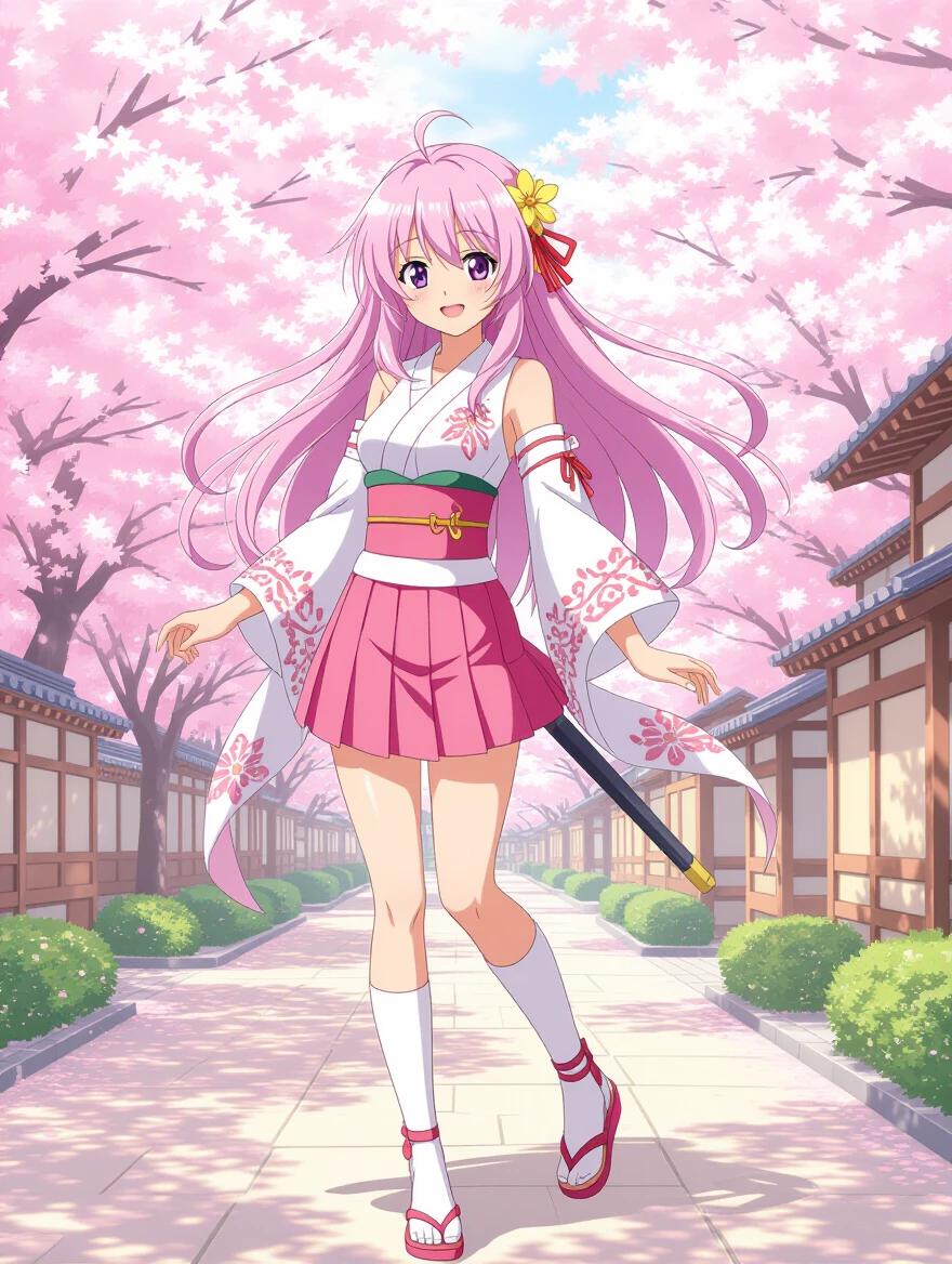 Full body of a female character dressed in a kimono standing on a path surrounded by cherry blossom trees. Character has long pink hair, wears a pink skirt and white top with floral designs, and holds an accessory like a sword. Path is lined with green bushes and wooden buildings.