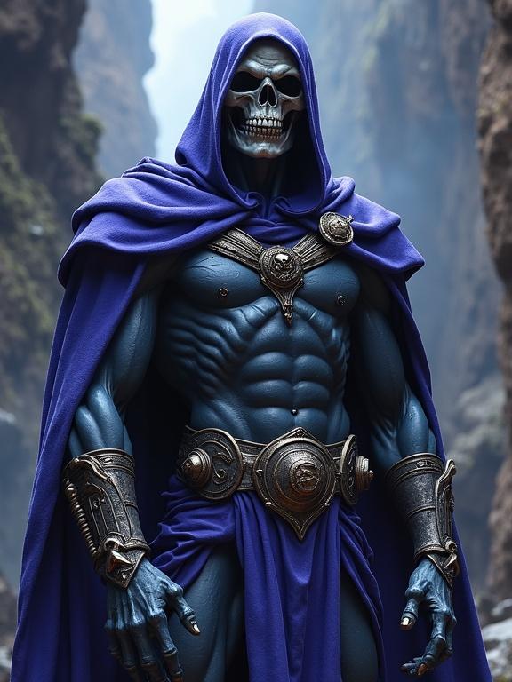 Skeletor presents a muscular dark fantasy character from the Masters of the Universe franchise. Character has a skeletal face, blue skin, and wears a flowing purple cloak with ornate armor. Background features a dramatic rocky landscape.