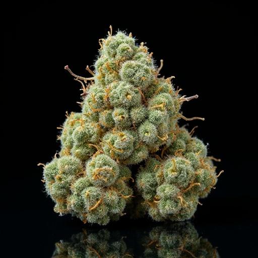 Ultra-macro view of a Blue Dream cannabis bud with rough trimming set against a black background.