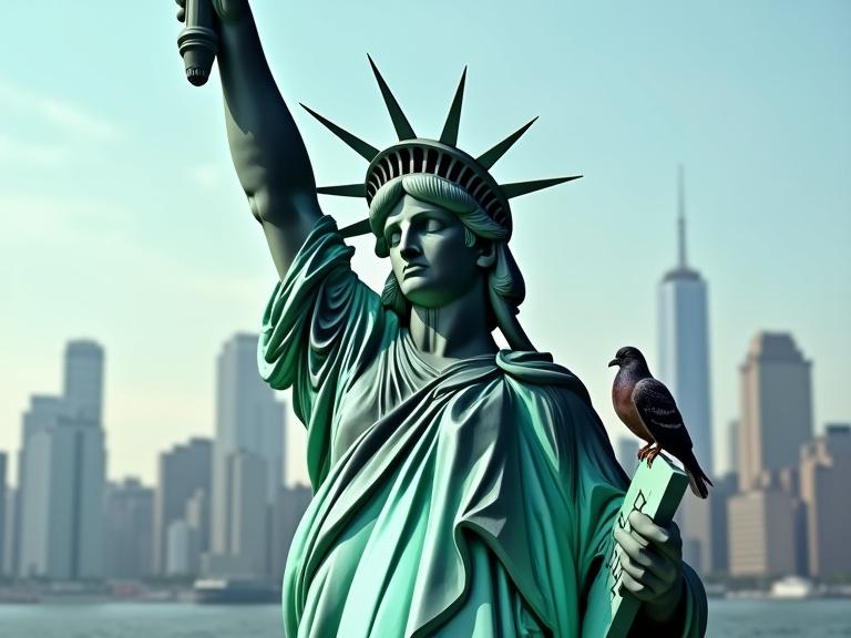 Statue of Liberty with a plunger in her hand. New York City skyline in the background. Bright sunny day with clear skies. The statue looks stoic despite the absurd object. A pigeon is perched on the plunger.