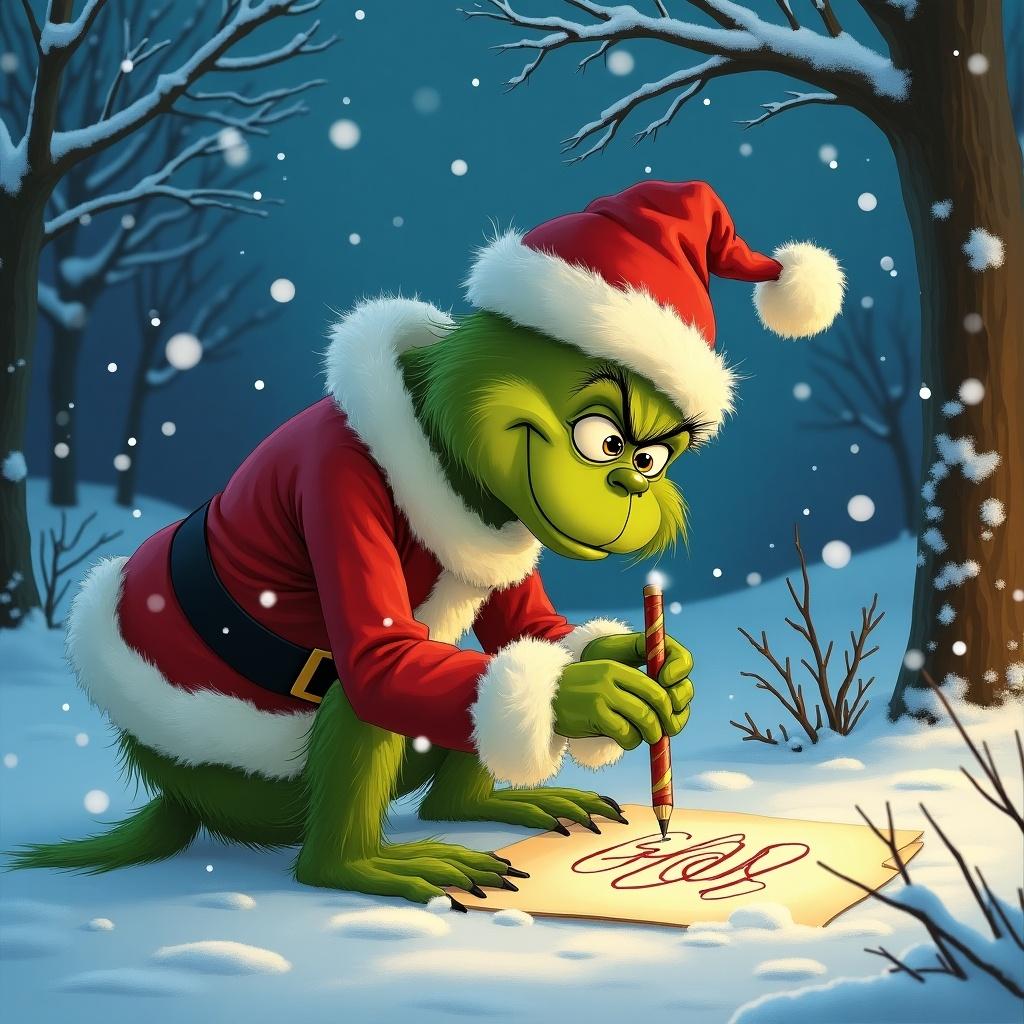 Grinch in Santa costume writing 'Gavin' in snow. Surrounded by winter landscape with trees and snowfall. Happy and playful expression.