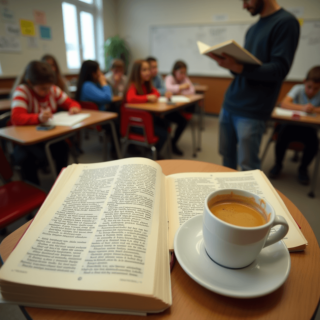 A classroom setting shows a book and a cup of coffee on a table, with students sitting at desks and a person reading at the front.