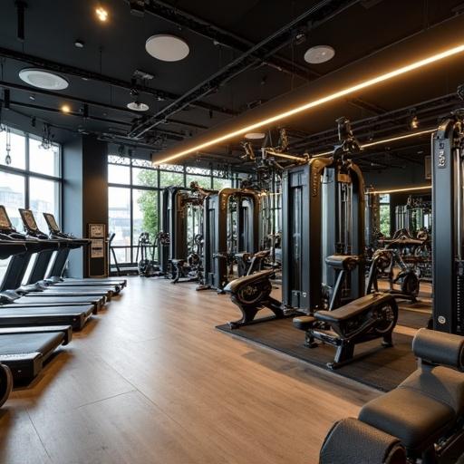 Picture of a modern gym interior with various fitness equipment visible. Focus on fitness machines and exercise space. Brightly lit with an organized layout.