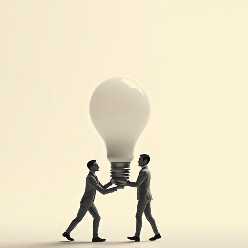 Two tiny humans carry a giant lamp bulb in a minimalist surreal style with oversized objects and vast negative space.