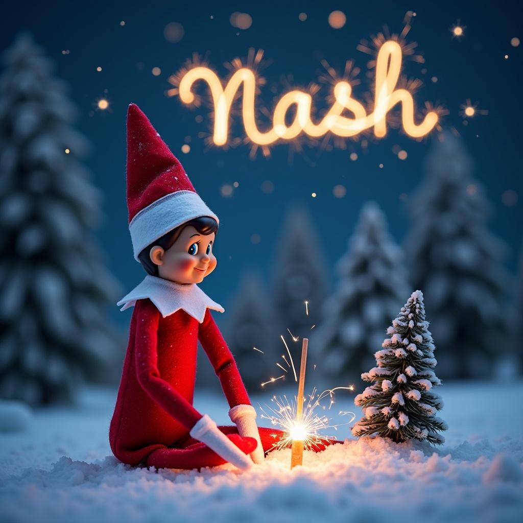 The image depicts an Elf on the Shelf sitting in a snowy nighttime landscape. The elf, dressed in traditional red and white attire, is positioned with a small sparkler creating bright sparks in front of him. In the night sky above, the name 'Nash' is written in sparkling letters. Surrounded by snow-covered evergreen trees, the setting creates a magical holiday atmosphere. The lighting is soft, highlighting the joyful expression of the elf against the snowy backdrop. This scene embodies the spirit of Christmas and celebration, appealing especially to families with children.