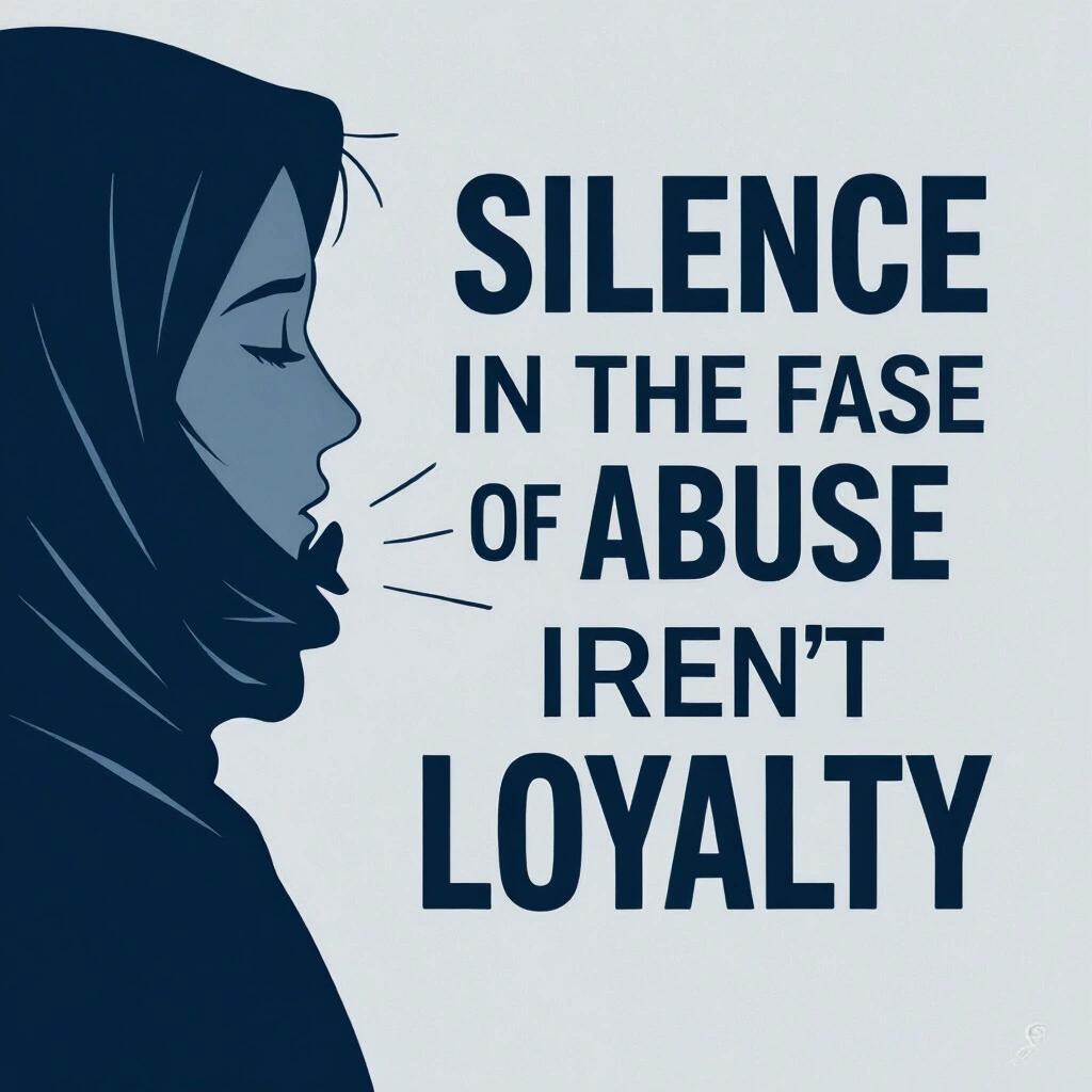Profile of a woman with a headscarf against a light background. Text emphasizes that silence in abuse is not loyalty. The woman appears contemplative and vocal.