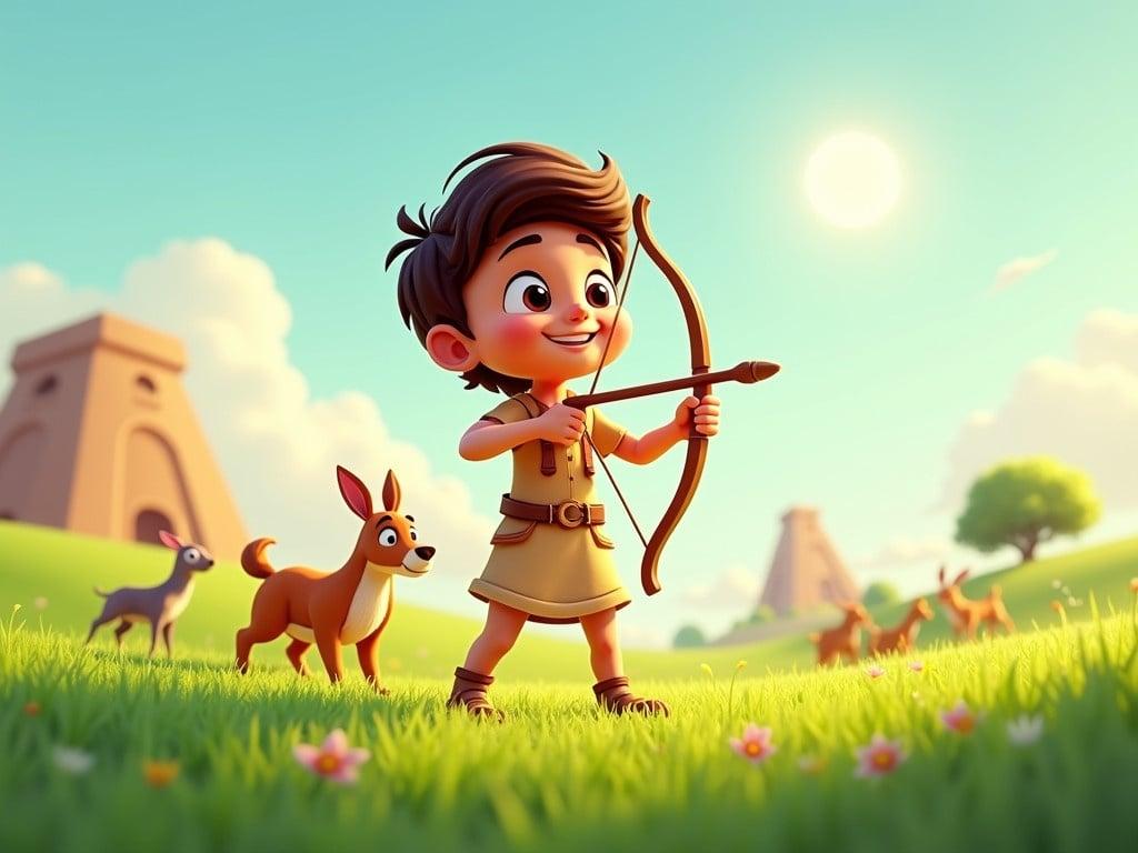 In ancient times in Babylon, a 3D cheerful cartoon illustration depicts a young boy named David. He stands in vibrant green pastures, a bright smile on his face. David is holding a slingshot, ready for adventure in this picturesque landscape. The sun shines down, illuminating the lush grass around him. Playful animals can be seen in the background, adding to the joyful scene. This illustration captures the innocence and courage of youth, embodying a sense of freedom. The overall color scheme is vivid and inviting, creating a lively atmosphere.