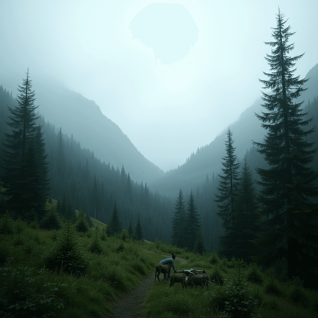 A lone traveler with horses walks through a misty, tree-lined mountain valley.