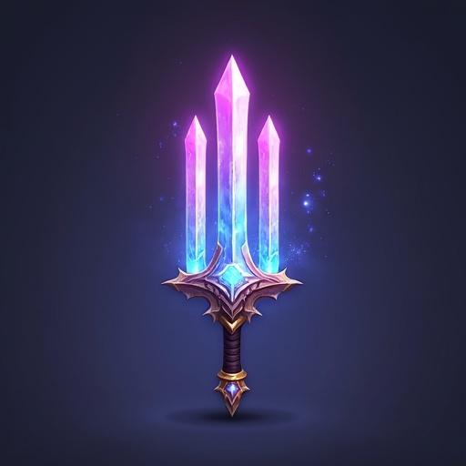 Icon representation of a sword skill with three glowing blades. Each blade shines in purple and blue colors. Designed for use in an action role-playing game as a visual asset.