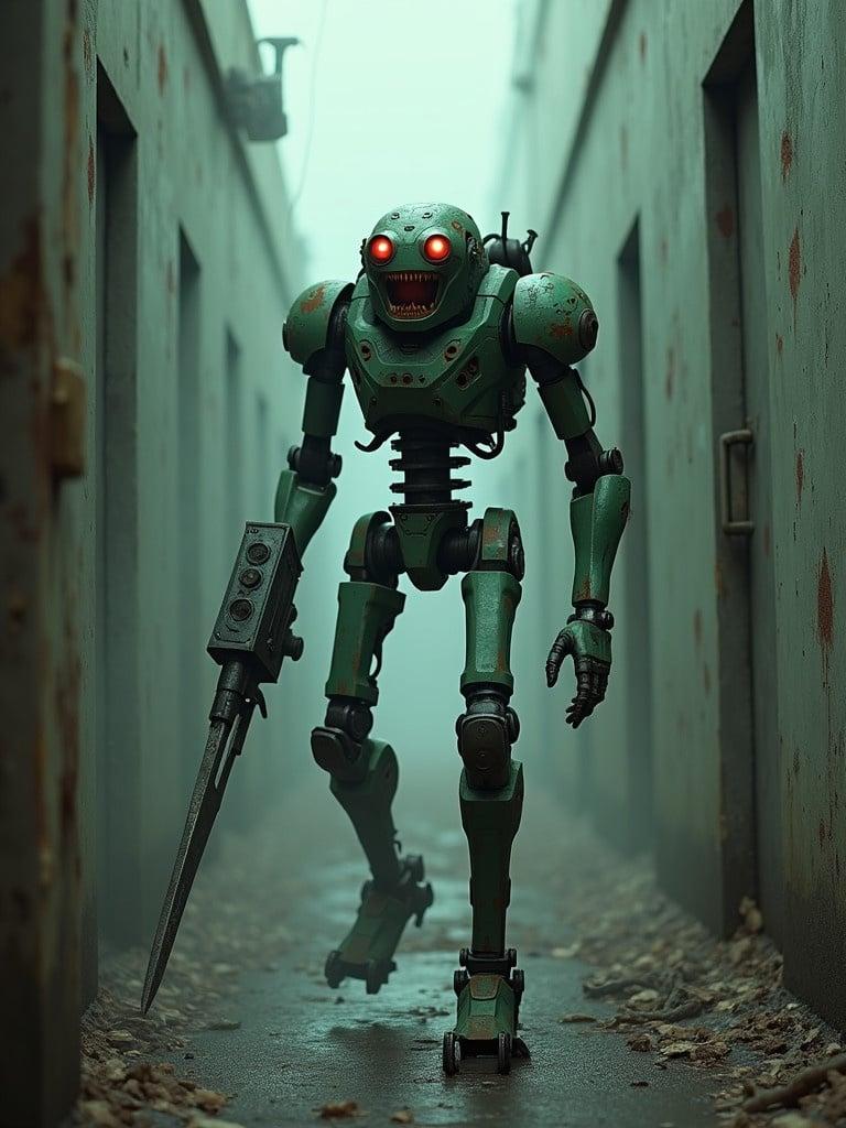 A robotic zombie stands in a narrow, foggy corridor. The robot has green armor and glowing red eyes. It possesses a shockwave arm cannon and a sword. The atmosphere is eerie and menacing.