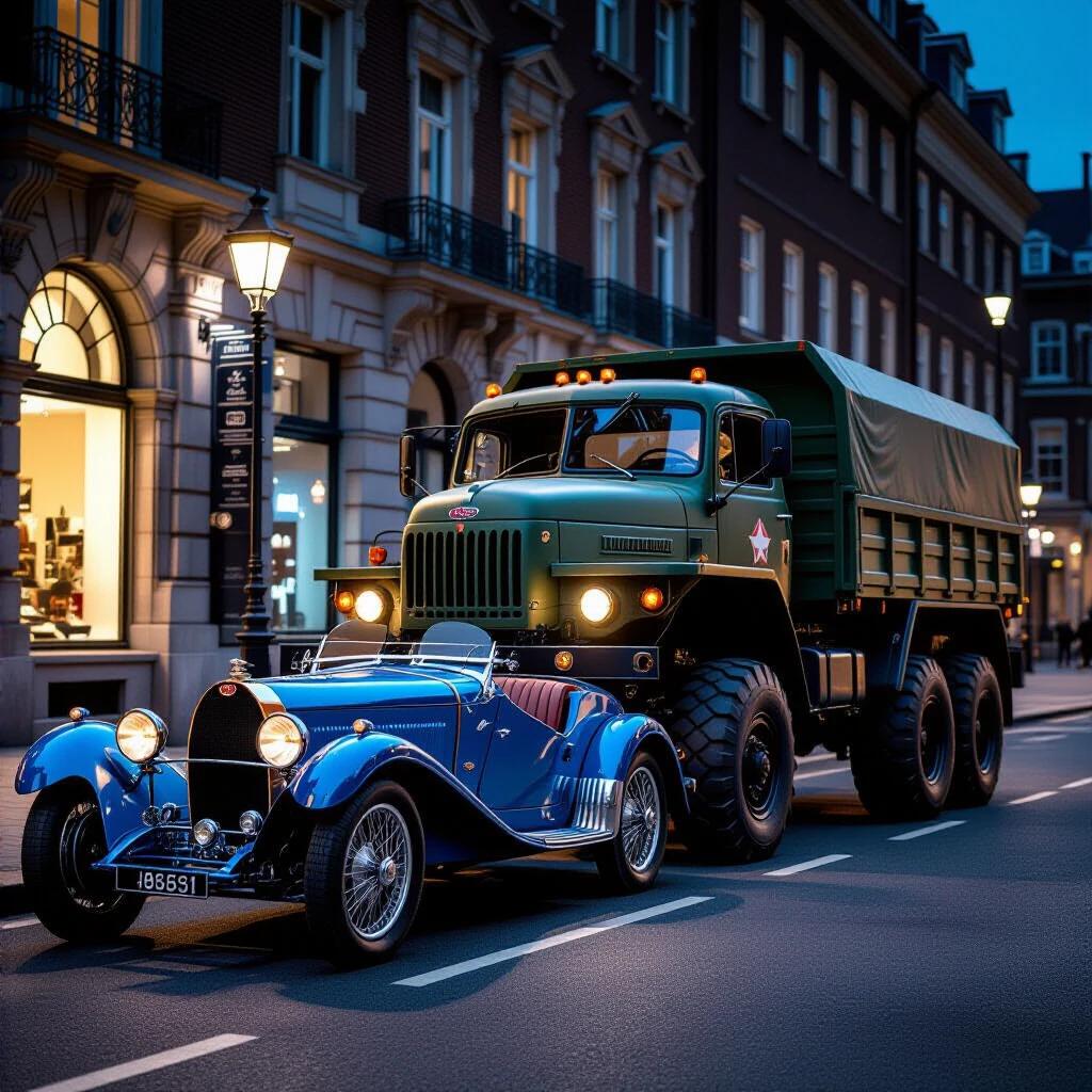Photorealistic night street scene in Waterloo featuring a pristine 1924 Bugatti Type 35 parked alongside a large Soviet military truck. Rain-slicked cobblestones reflect holographic ads. Image captures the dramatic size contrast between the vehicles and the detailed textures of both. Shot focuses on mechanical details, emphasizing history and contrast between luxury and brute force.