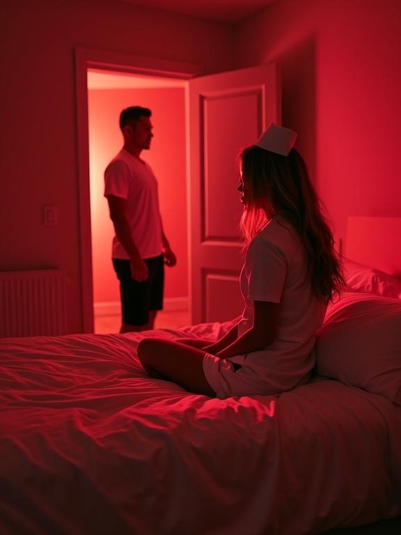 Photo-realistic image of a bedroom side view with a bed. An open door shows a man in the doorway surprised. A beautiful blonde woman in a nurse outfit sits sideways on the bed. Another woman with black hair kneels on the bed in black lingerie. Red lighting fills the room.