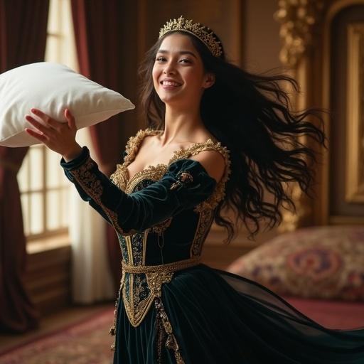Medieval fantasy queen characterized by legendary beauty with porcelain smooth glowing skin. Woman in a fitted dark velvet bodice with gold embroidery. Long dark hair moving in wild motion. Golden tiara with subtle runes on head. Action of throwing a soft white pillow towards the viewer. Full body twist and weight shifting forward. Left arm counterweighted and rear leg bent. Joyful expression and sparkling eyes. Warm dramatic lighting in a luxurious royal bedroom.