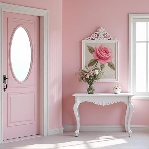 An entryway with light pink walls and white trim. A light pink door with an oval window. A white entryway table with a pink vintage rose painting in a white rococo frame on wall. A white rococo oval mirror over table. Nothing on table.