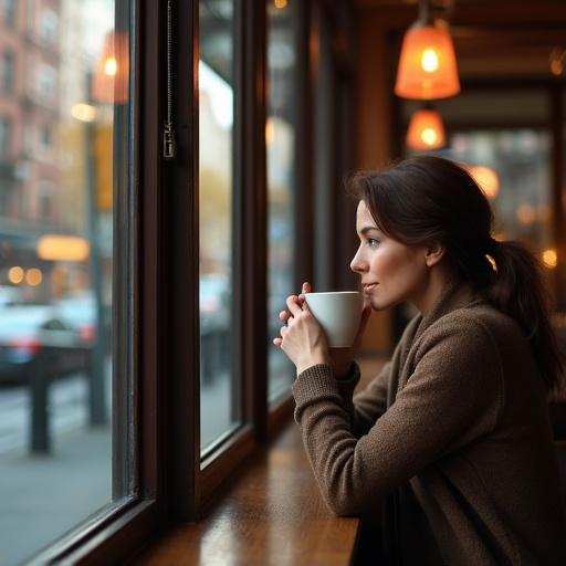 A woman drinking coffee in a bar in New York. She looks out the window at the street. The scene is hyperrealistic and cinematic with detailed elements.