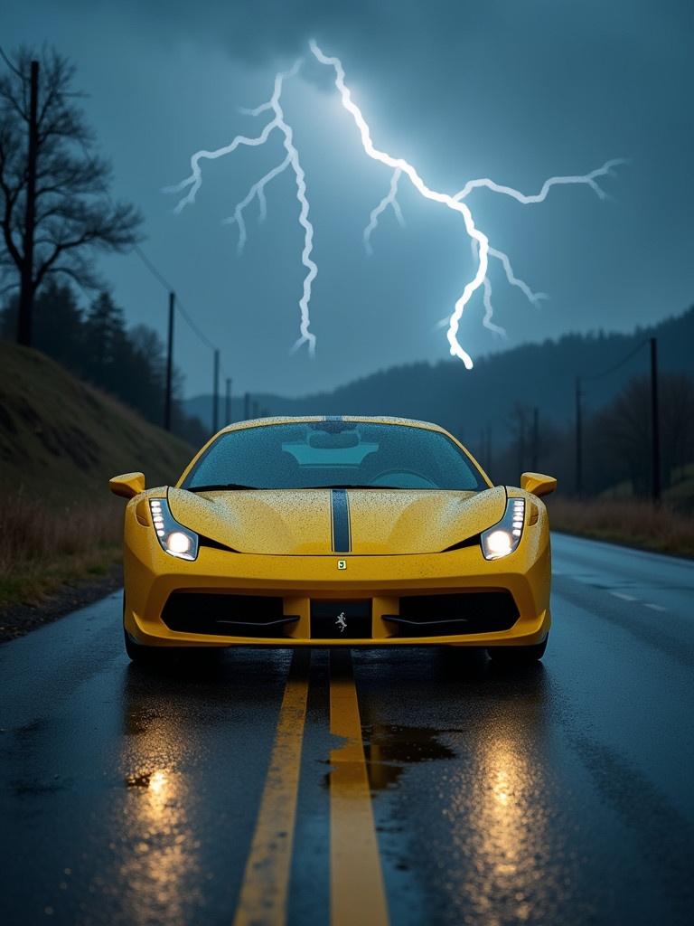 Photo shows a yellow Ferrari car on a wet road with lightning in the sky. Captured in detailed photography style.