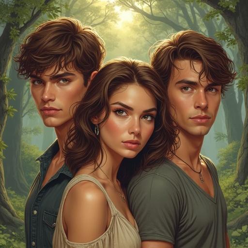 Illustration of a young woman with short brown hair and brown eyes positioned between two handsome young men in a fantasy landscape.