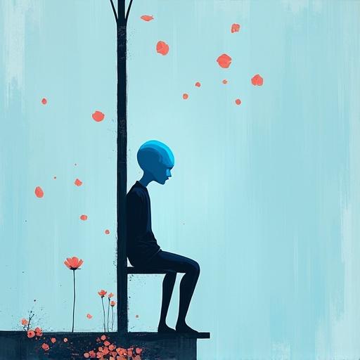 Bald human stick figure silhouette in blue color. Sitting in the center on a tall bar. Surrounding elements include falling petals. Dreamlike minimalist composition with abstract forms. Emotive visual storytelling and visual metaphor in a contemporary painting style.