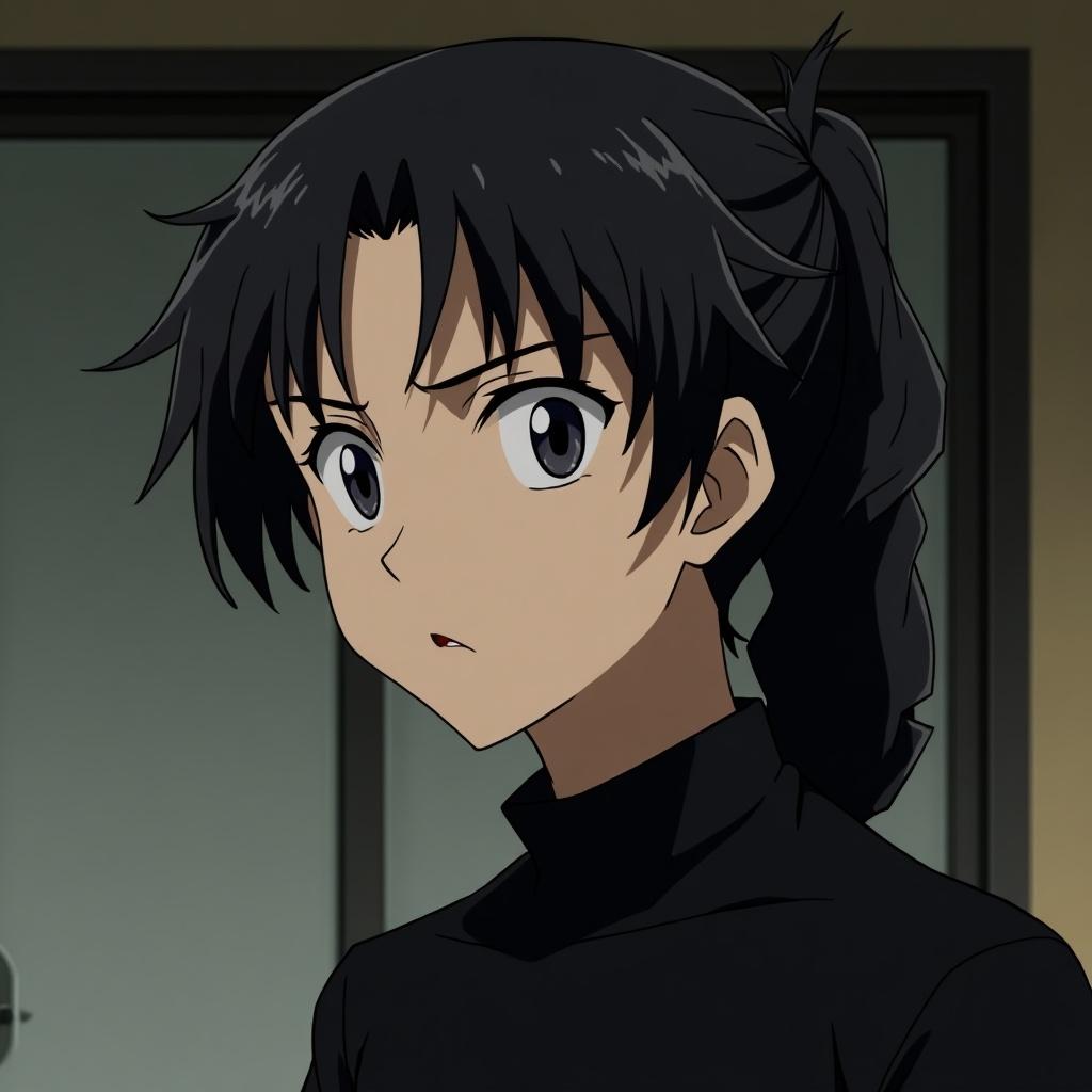 Anime character with expressive eyes. Black hair styled in a ponytail with dreadlocks. Wearing a black skin-tight shirt. Stern facial expression. Side view at a right angle.