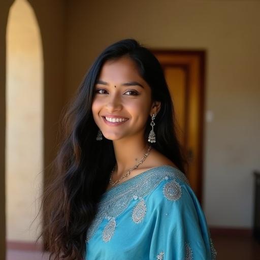 Portrait of a young South Asian woman. She has fair skin and long dark hair. She is smiling and wearing a blue saree with silver paisley patterns. A small bindi is on her forehead. The setting is indoors with beige walls and a wooden door in the background. Warm natural light illuminates the scene.
