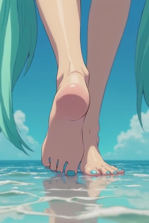Hatsune Miku depicted in a close-up on a beach scene. A focus on her foot stepping onto the water with blue toenails. Bright and cheerful atmosphere.