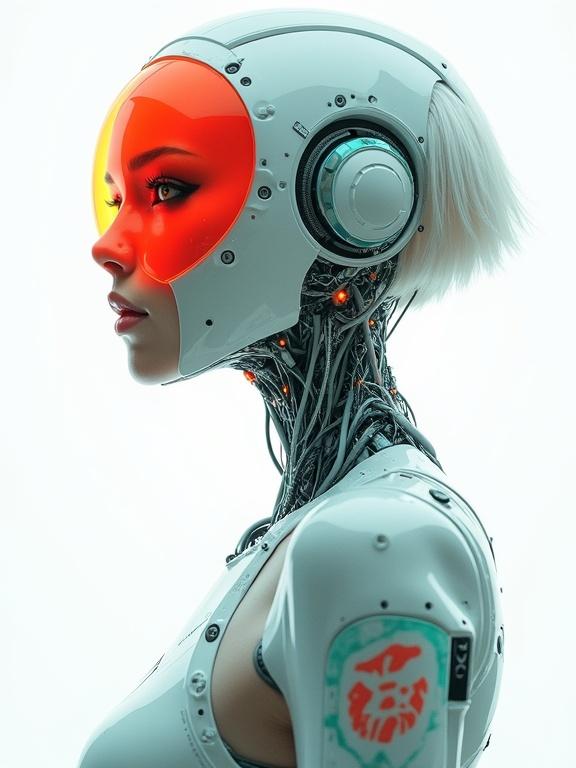 Full body portrait of stunning android from side. Features cybernetic implants and biomechanical parts. Colors include white turquoise and orange accents. Robotic eyes and casual wear with tattoos. Digital art in high resolution. Emotionless expression and crimson eyeshadow. Vivid red mask from nose to neck. Short bob haircut framing synthetic face. Background is a white void with holographic overlays. Soft clinical lighting highlights her features. Blend of multiple art styles with detailing in anatomy and structure.