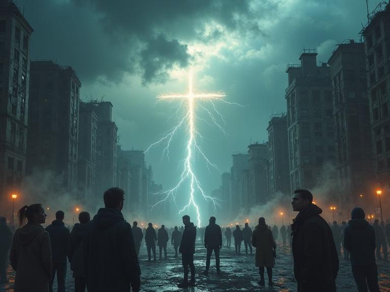 Dramatic image of a large crumbling city under storm clouds. Lightning flashes across the sky. People stand in the streets with expressions of fear and confusion. Some kneel while others look up to the sky seeking answers. Faint divine symbols like a shining cross appear amidst the darkness. Overall mood reflects pain and transformation.