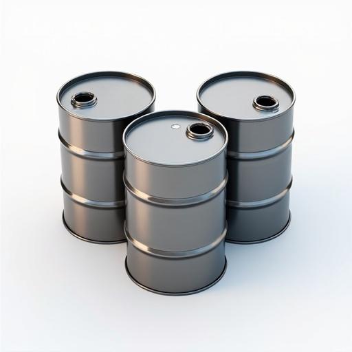 Isometric style top down view of three metal barrels. View from the front angle. Straight perspective